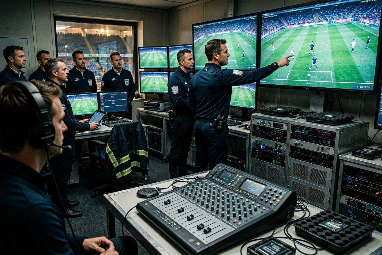 غرفة تقنية VAR أثناء مراجعة حالة تسلل في مباراة كرة قدم