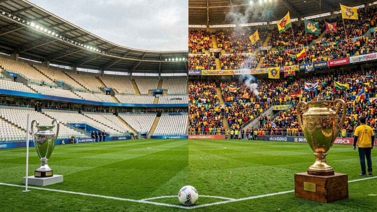 Ultra-realistic sports editorial cover image for a football analysis article comparing the UEFA Champions League and Copa Libertadores. Split composition showing two distinct football worlds: on one side a modern European stadium with elegant lighting, organized atmosphere, premium seating, and a prestigious silver trophy silhouette; on the other side a passionate South American stadium with colorful supporters, waving flags, smoke effects, intense matchday energy, and a historic trophy silhouette. No recognizable players, no visible faces, no club logos, no copyrighted branding. Focus on football boots near the ball, referees from a distance, dramatic stadium architecture, packed stands, and match atmosphere. Visual elements subtly represent tournament format, ticketing, and prize money through stadium access gates, ticket stubs, and trophy symbolism. Professional sports journalism style, realistic photography, dynamic perspective from pitch level, cinematic lighting, high detail, natural colors, depth of field, sharp focus, premium magazine cover quality, suitable for a leading English football website, 16:9 aspect ratio, clean composition with space for headline text.