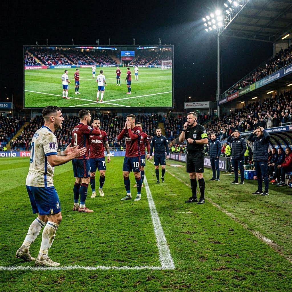 لاعب كرة قدم يحتج بعد إلغاء هدف بسبب التسلل وتقنية VAR