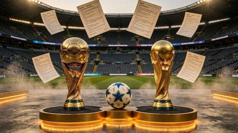 Ultra-realistic editorial football award comparison scene, two prestigious football trophies displayed side by side on elegant illuminated podiums, representing Ballon d'Or and FIFA The Best awards, luxurious golden lighting, dramatic stadium atmosphere, subtle voting cards and ranking sheets floating in the background, football resting between the two awards, professional sports journalism style, analytical and informative composition, modern award ceremony environment, depth of field, cinematic lighting, premium sports magazine cover quality. No identifiable players, no visible faces, no close-up portraits, no logos, no watermarks, no text, no brand names. If human figures appear, show only silhouettes, backs, legs, football boots, referees from distance, or blurred crowd scenes. Focus on trophies, football symbolism, voting process elements, and prestige of football awards. Highly detailed, photorealistic, 8K quality, realistic reflections, professional sports website cover image, clean composition with space for article title.