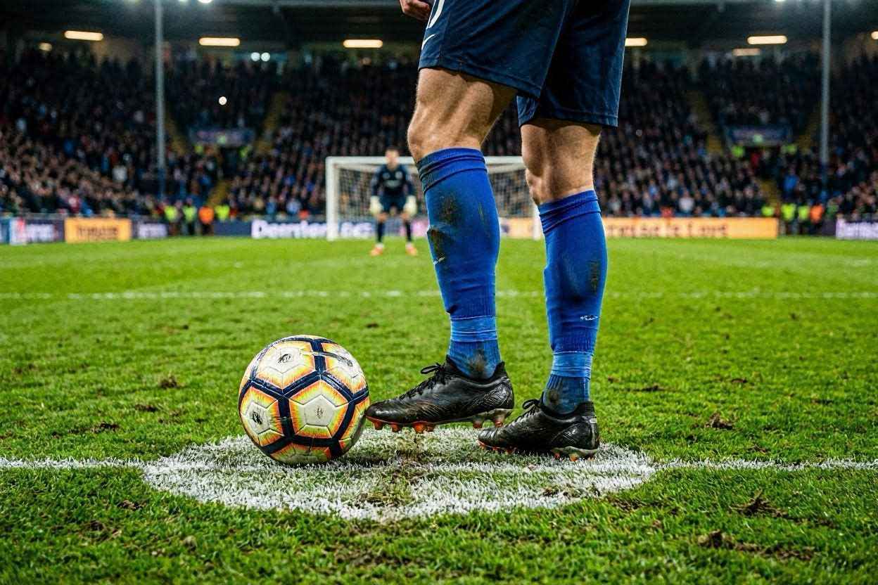 لاعب يستعد لتنفيذ ركلة ترجيح وسط ضغط نفسي كبير في ملعب كرة قدم.