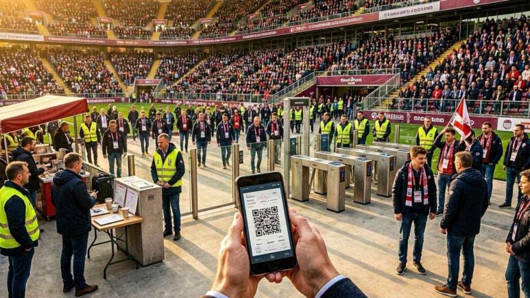 مشجع يحمل تذكرة إلكترونية أثناء دخول الجماهير إلى ملعب كرة قدم قبل مباراة كبرى.
