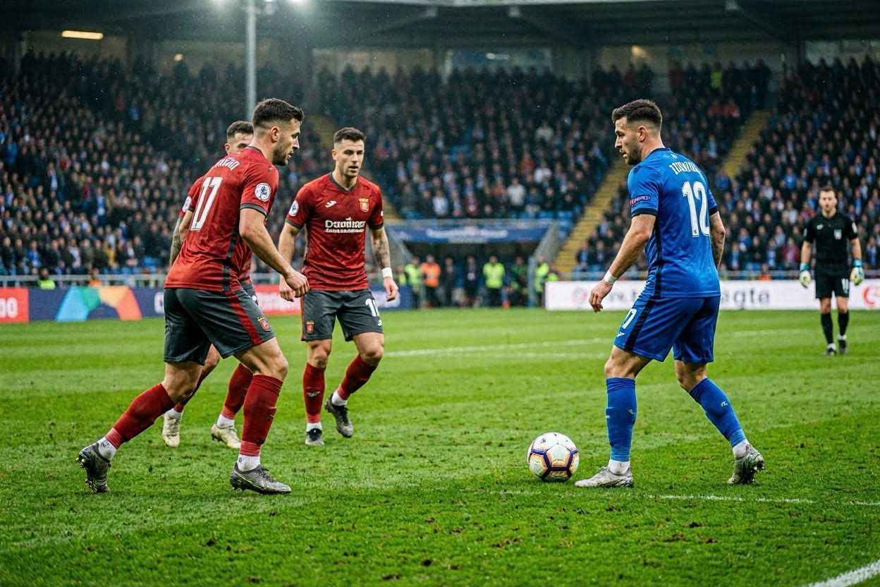 لاعب يتخذ قرارًا سريعًا بالتمرير تحت ضغط المنافسين خلال مباراة كرة قدم.