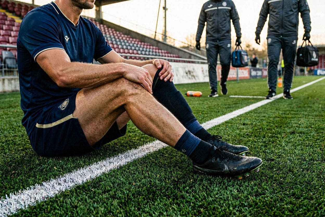 لاعب كرة قدم يقوم بتمديد عضلة الساق عند ظهور أعراض الشد العضلي أثناء المباراة.