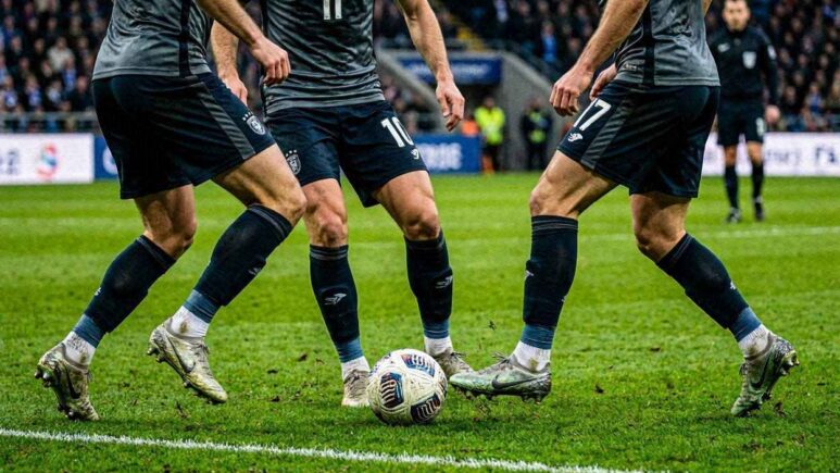 لاعب يستقبل الكرة بلمسة أولى تحت ضغط مباشر من المنافسين داخل مباراة كرة قدم.