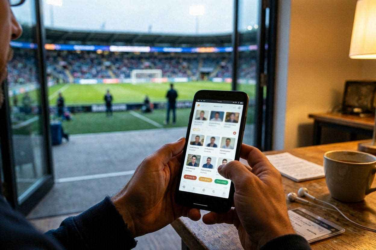 مشجع يتابع أسعار تذاكر مباراة كرة قدم عبر الهاتف قبل إتمام الحجز.