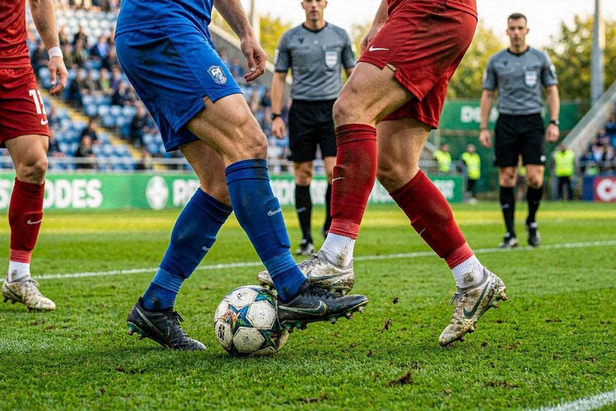 لقطة من مباراة تُظهر عناصر تقييم اللاعب مثل التحكم بالكرة والتمركز والحركة.