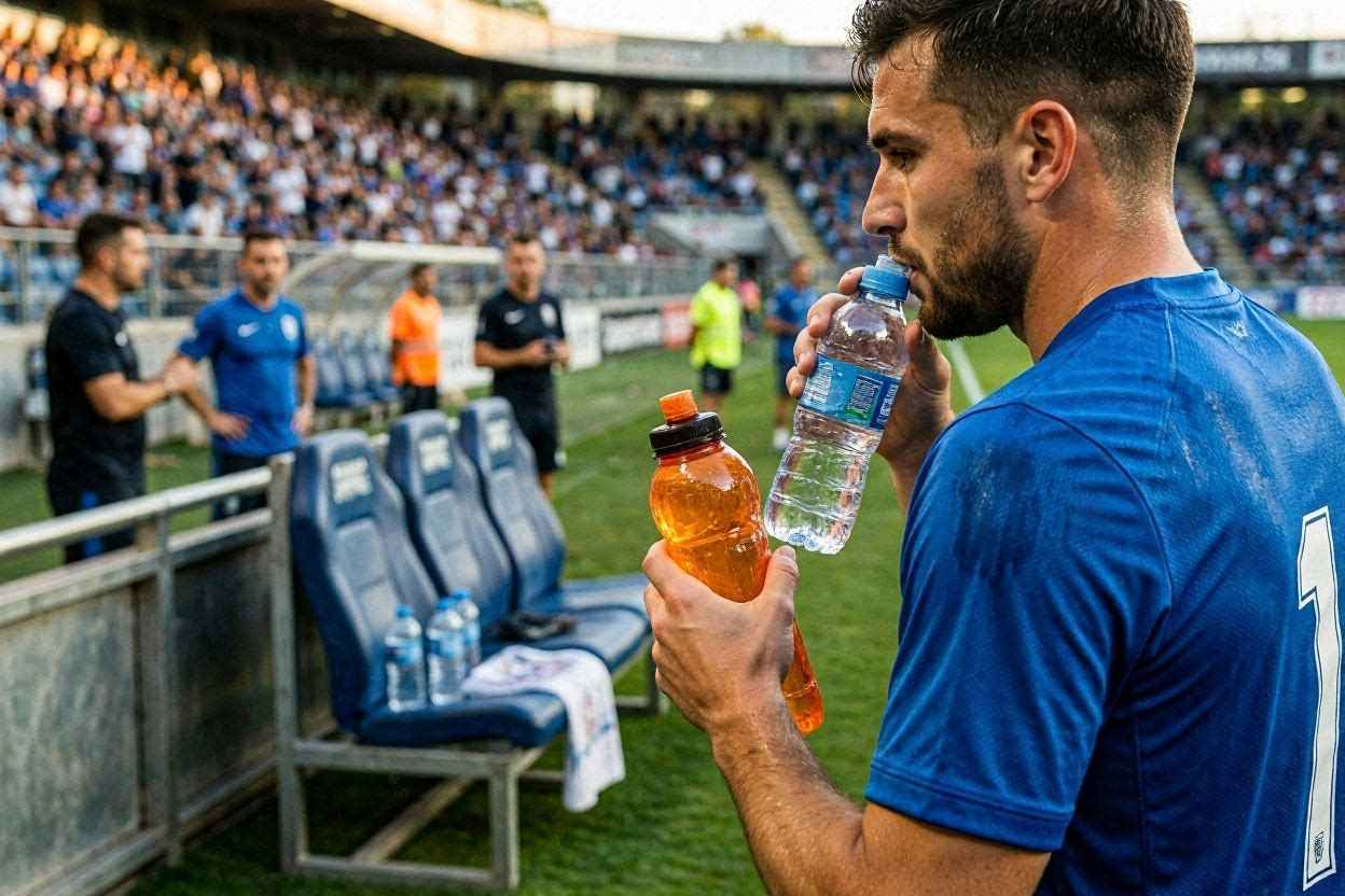 لاعب كرة قدم يعوض السوائل والأملاح المعدنية خلال المباراة للحد من التشنجات العضلية.