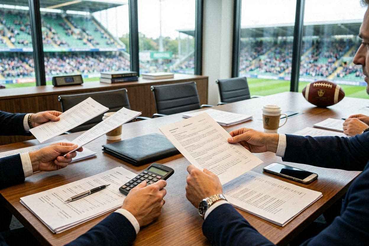 مفاوضات صفقة انتقال لاعب بين الأطراف المختلفة مع مراجعة العقود والشروط المالية.