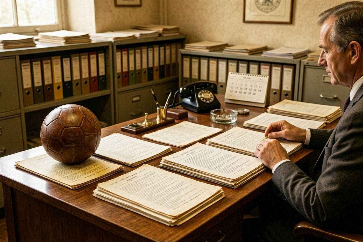 مشهد رمزي يعبر عن تقديم فكرة ركلات الترجيح إلى مسؤولي كرة القدم في أواخر الستينيات.