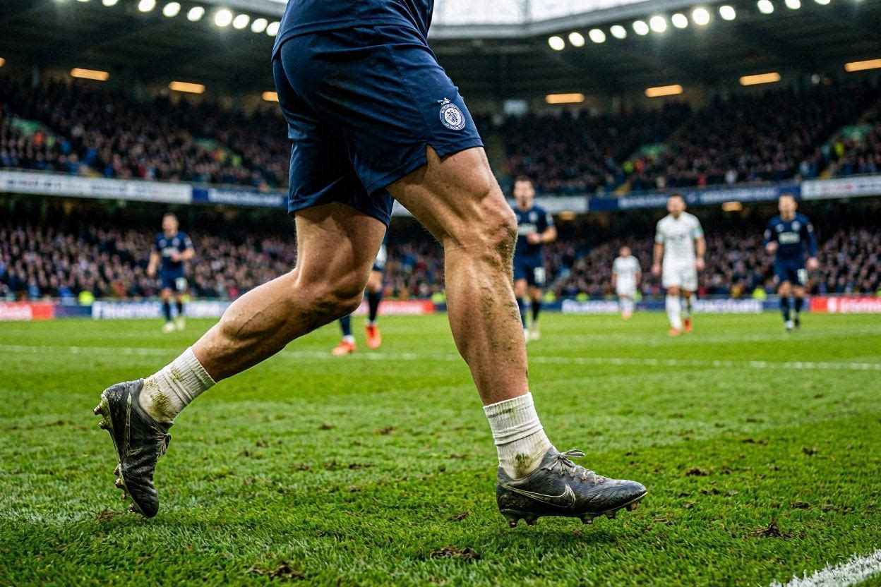 لاعب كرة قدم يعاني من إجهاد عضلي في الساق خلال الأشواط الإضافية أثناء متابعة الكرة.