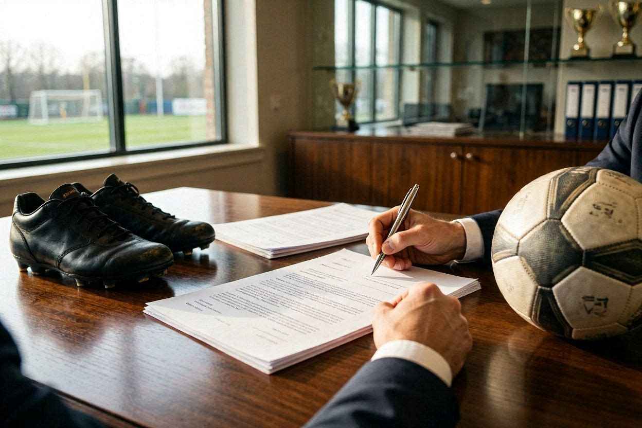 توقيع عقد احترافي للاعب كرة قدم داخل بيئة إدارية رياضية.