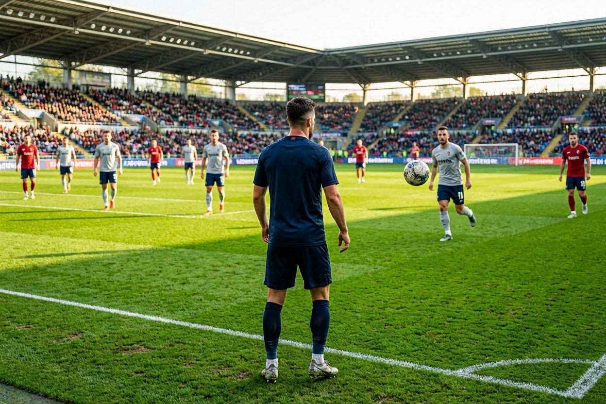 لاعب وسط يقوم بمسح الملعب بصريًا قبل استلام الكرة خلال مباراة كرة قدم.