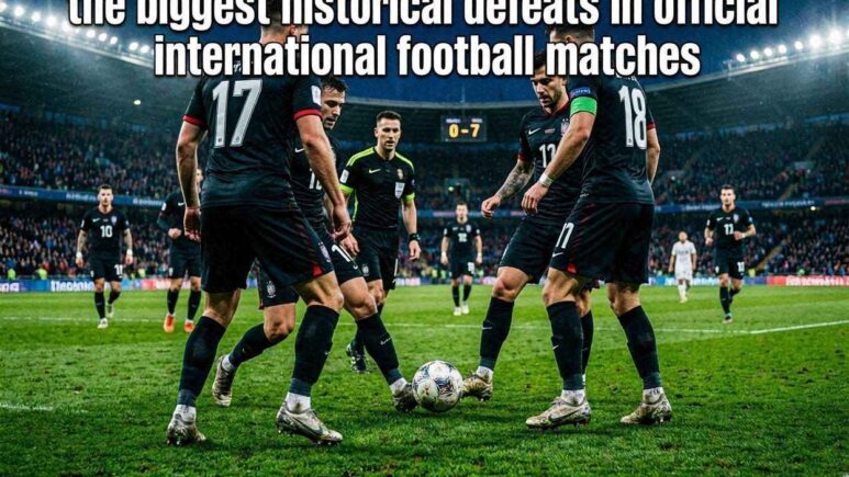 Create a professional sports editorial cover image for an article titled "The Biggest Historical Defeats in Official International Football Matches". Ultra-realistic football stadium atmosphere during an international match, dramatic but credible sports journalism style. Focus on anonymous football players from behind or at a distance, no visible or identifiable faces. Show intense match action with the ball in play, players' legs competing for possession, a referee observing the game, and a large electronic scoreboard displaying a significant goal difference without specific numbers. Include a packed stadium crowd in soft focus, powerful stadium floodlights, realistic grass texture, dynamic motion, and subtle emotional contrast representing a historic defeat. Composition should emphasize the scale of the match and the impact of a one-sided result rather than individual athletes. Professional sports photography, editorial magazine cover quality, sharp details, cinematic lighting, realistic colors, high-end sports media aesthetic, suitable for a major English sports analysis website. No recognizable players, no visible faces, no team logos, no watermarks, no text overlays. Aspect ratio 16:9.