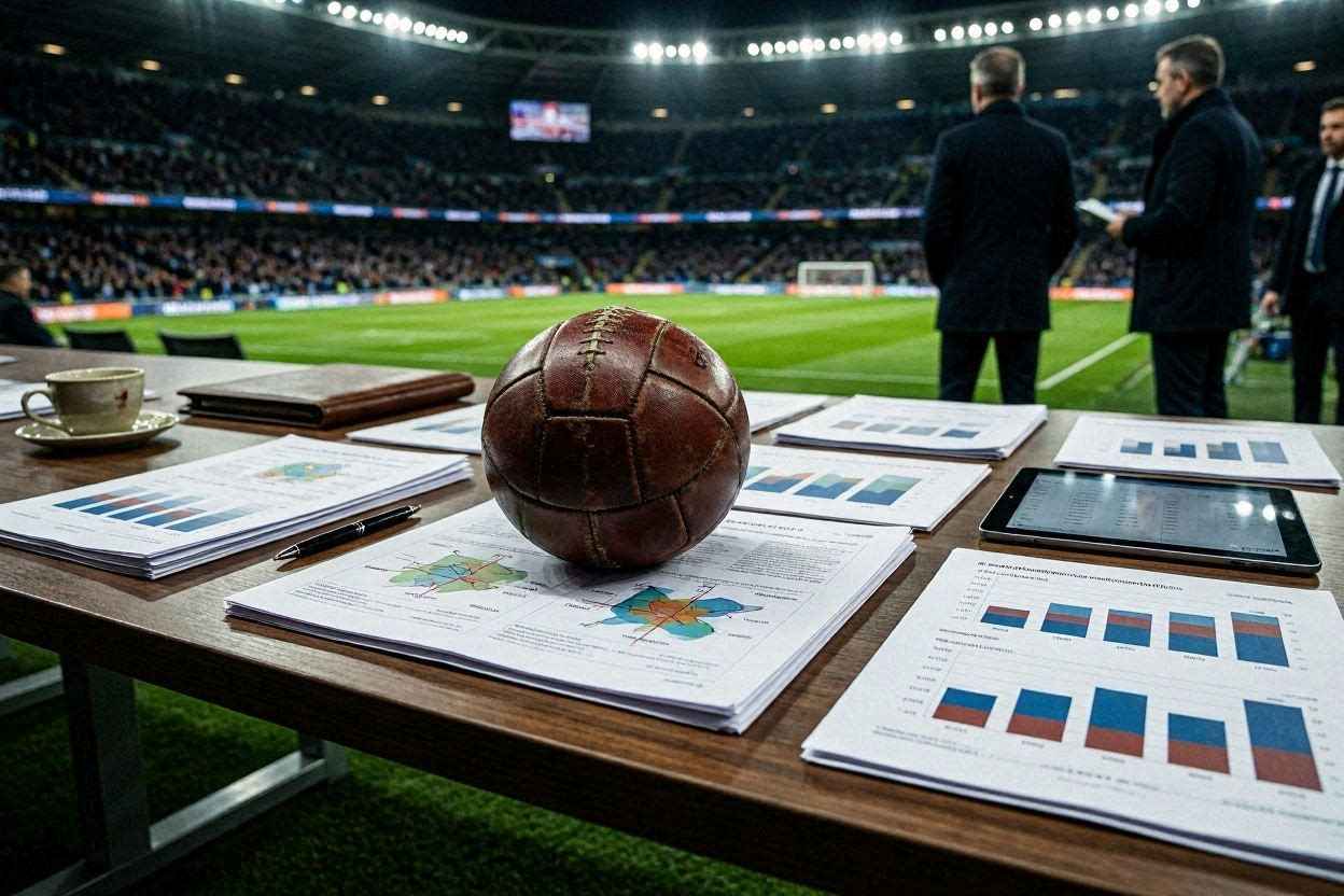 مشهد يرمز إلى سوق الانتقالات في كرة القدم مع عقود وتقارير فنية داخل ملعب احترافي.