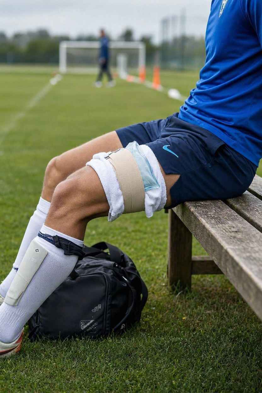لاعب كرة قدم يضع كمادة باردة على عضلة مصابة خلال الساعات الأولى بعد الإصابة