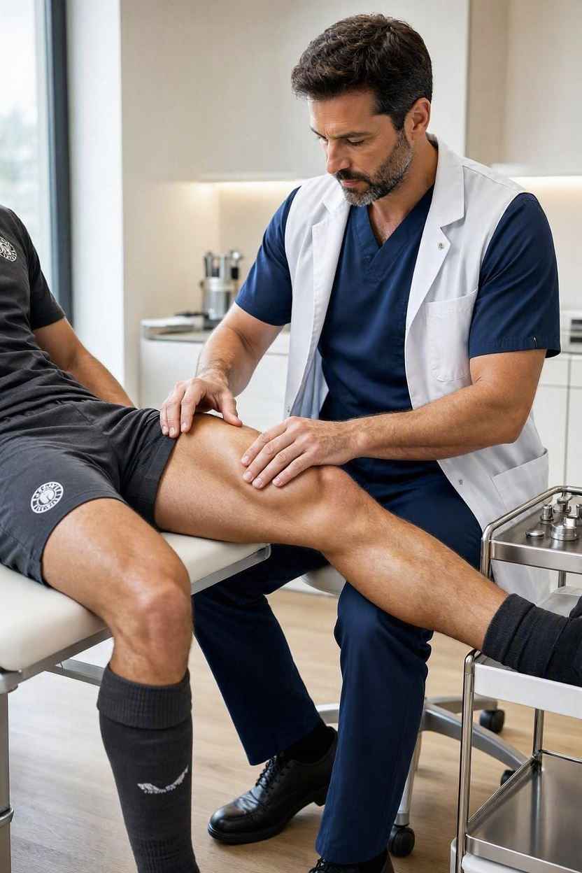 طبيب طب رياضي يفحص عضلة فخذ لاعب كرة قدم لتقييم شدة الإصابة العضلية.