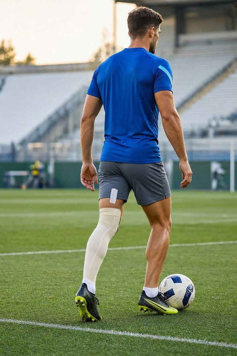 لاعب كرة قدم يعود تدريجيًا للتدريب منخفض الشدة بعد التعافي من إصابة عضلية.