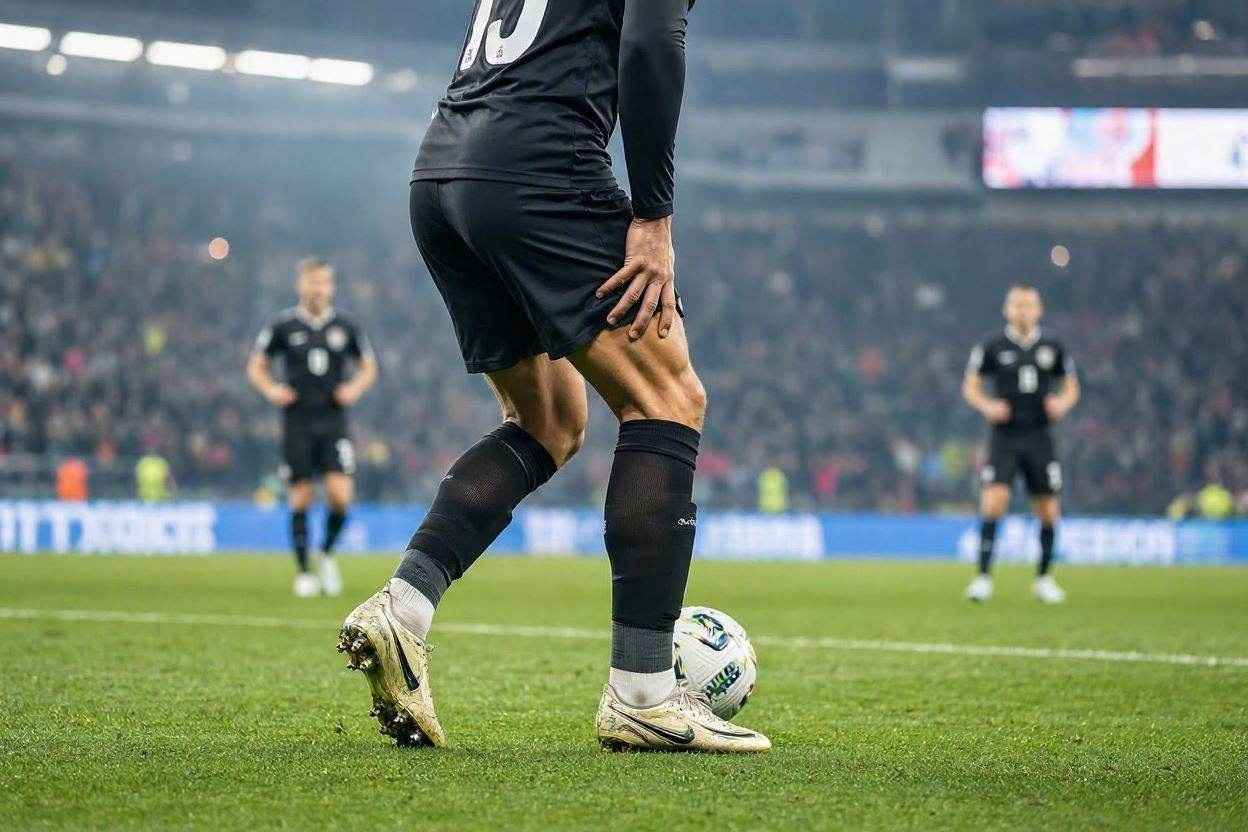 لاعب كرة قدم يتوقف أثناء المباراة بسبب ألم في عضلة الفخذ مع صعوبة مواصلة اللعب.