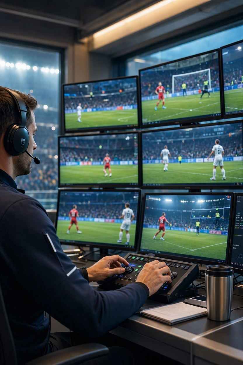 حكم VAR يراجع لقطات مباراة كرة القدم داخل غرفة الفيديو.