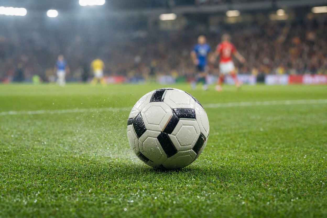 كرة قدم تتحرك بسرعة على عشب ملعب رطب أثناء المباراة.