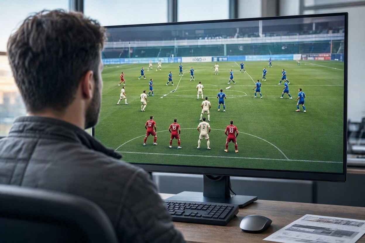 محلل أداء يراجع تسجيل مباراة لاكتشاف تحركات اللاعبين والأنماط التكتيكية.