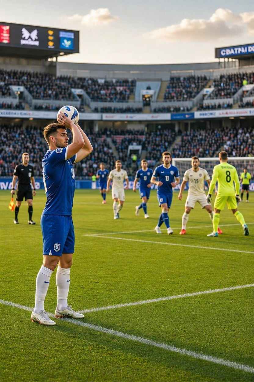 لاعب ينفذ رمية تماس بالقرب من مرمى الخصم في مباراة كرة قدم.