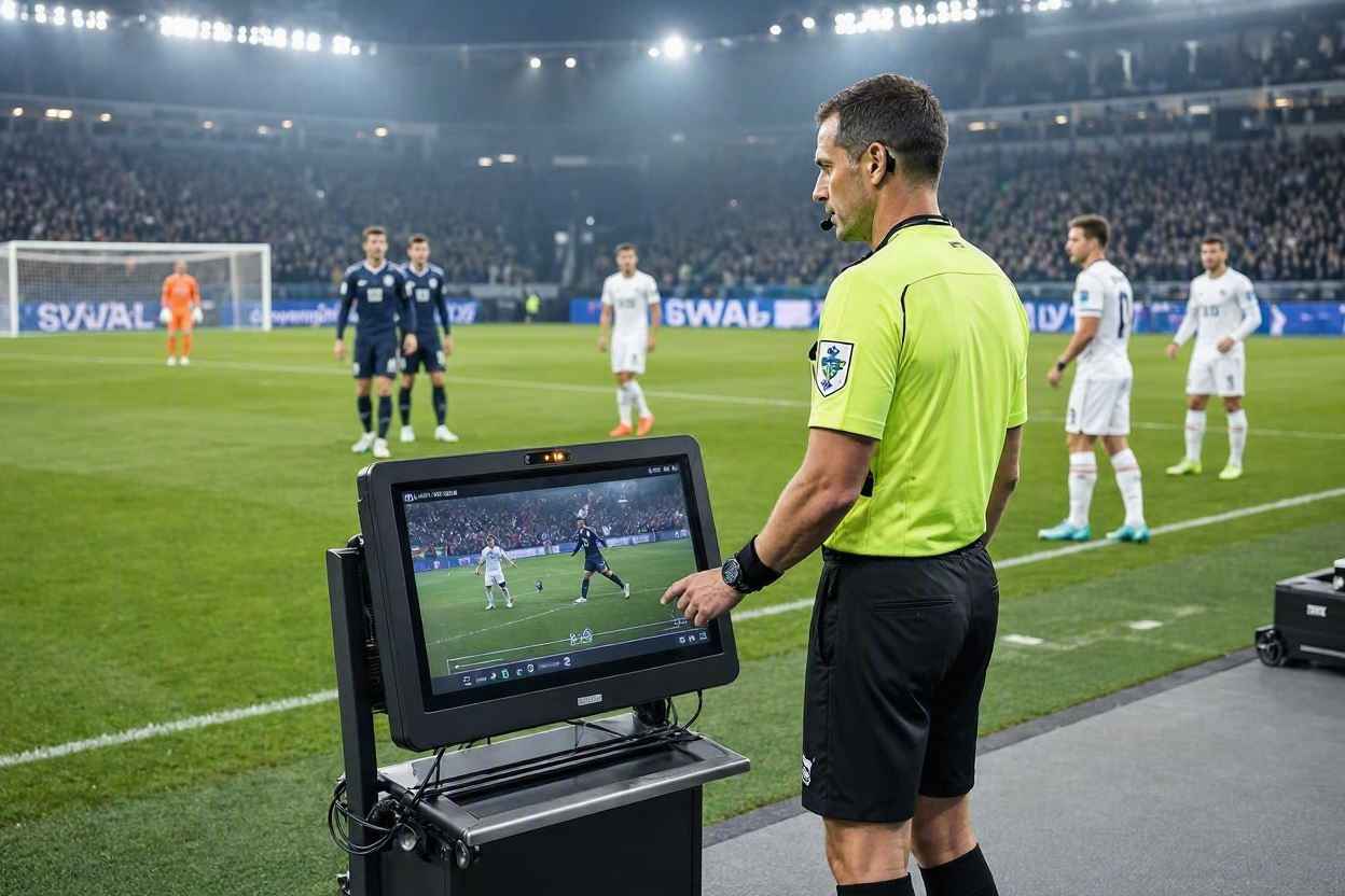 حكم يراجع حالة تحكيمية عبر تقنية VAR أثناء توقف اللعب في مباراة كرة القدم.