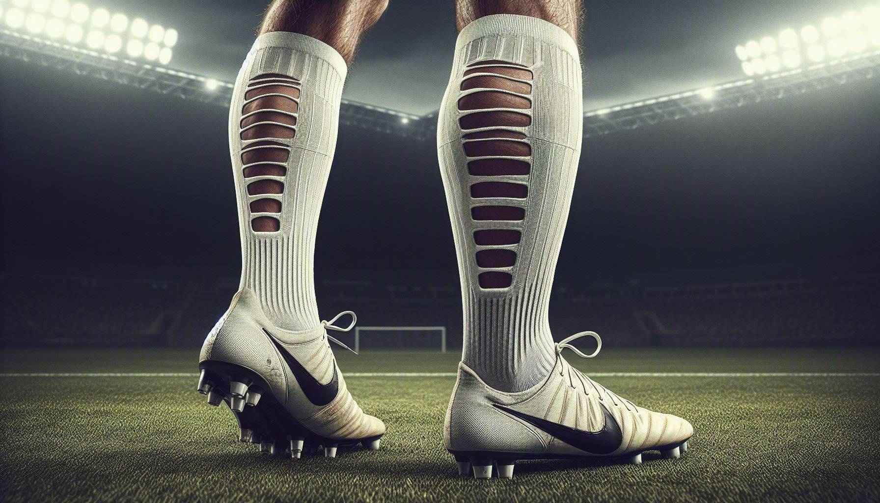 لاعب كرة قدم يرتدي جوارب بها فتحات في الجزء الخلفي من الساق أثناء المباراة.