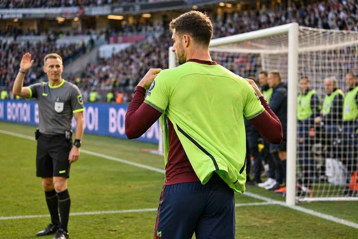 لاعب يرتدي قميص حارس المرمى الجديد أمام الحكم أثناء توقف المباراة.