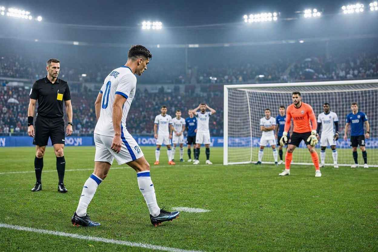 لاعب يستعد لتنفيذ ركلة ترجيح في سلسلة طويلة وحاسمة داخل ملعب كرة قدم.