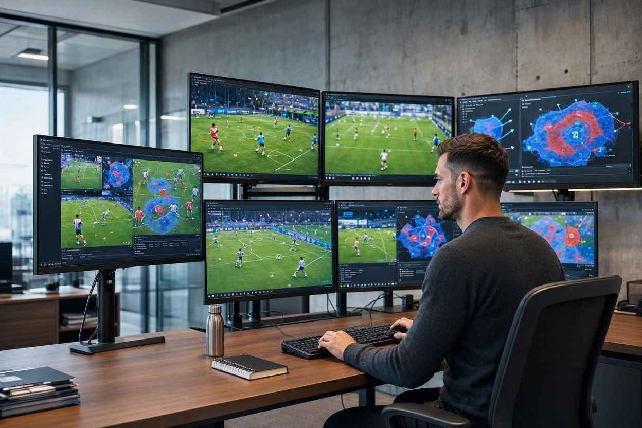 محلل أداء كرة قدم يراجع لقطات مباراة داخل غرفة تحليل احترافية.