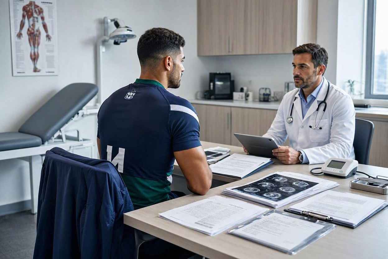 لاعب كرة قدم يجهز ملفه الطبي وتقارير إصاباته السابقة قبل الفحص الطبي.
