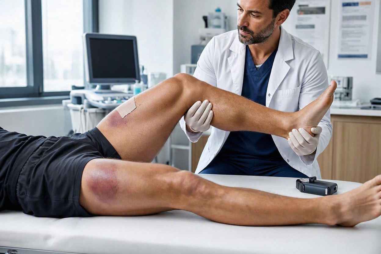 طبيب رياضي يقيم قوة وحركة ساق لاعب كرة قدم لتحديد شدة الإصابة العضلية.