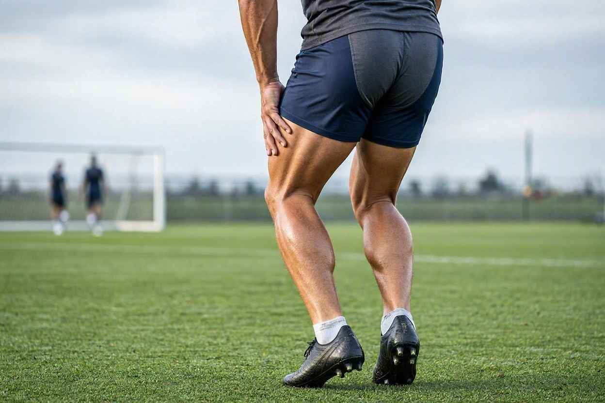طبيب رياضي يفحص عضلات ساق لاعب كرة قدم بعد إصابة عضلية.