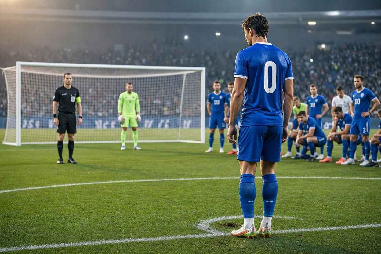 لاعب كرة قدم يستعد لركلة ترجيح وسط ضغط نفسي وتوتر شديد.