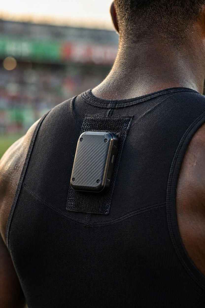 جهاز GPS مثبت في الجيب الخلفي لسترة اللاعب بين لوحي الكتف.