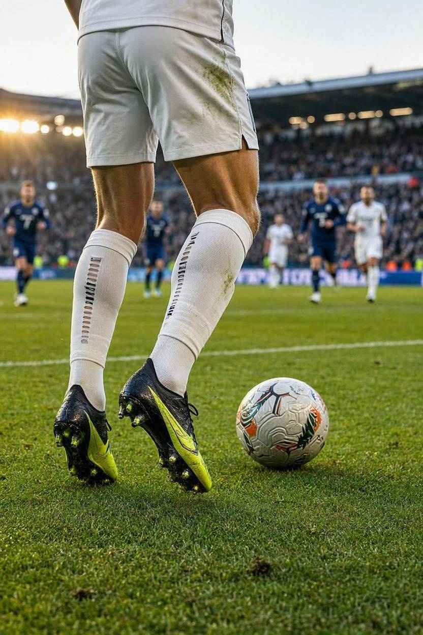 لاعب كرة قدم يركض أثناء المباراة مرتديًا جوارب بها فتحات خلف الساق.