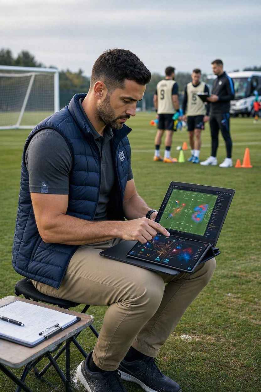 محلل أداء يراجع بيانات تتبع حركة لاعب كرة القدم بعد التدريب.
