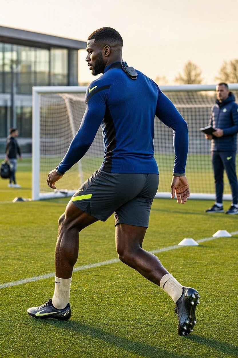 لاعب كرة قدم يرتدي سترة GPS سوداء لتتبع الأداء أثناء التدريب.