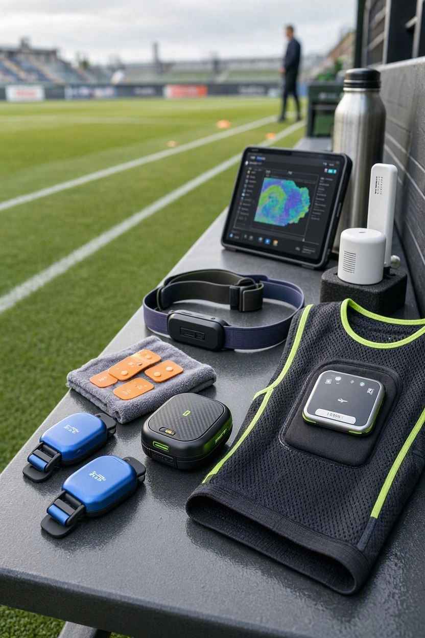 مجموعة من سترات وأجهزة تتبع GPS المستخدمة في كرة القدم.