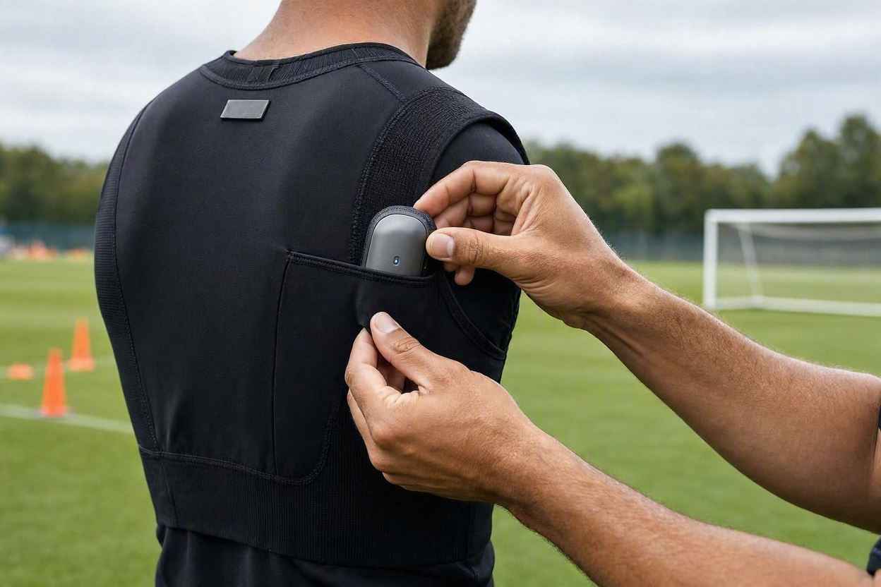 لاعب كرة قدم يثبت جهاز GPS في الجيب الخلفي لسترة التتبع قبل التدريب.