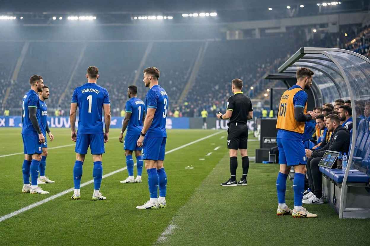 لاعب بديل يستعد للمشاركة بدل لاعب أساسي قبل ركلة البداية.